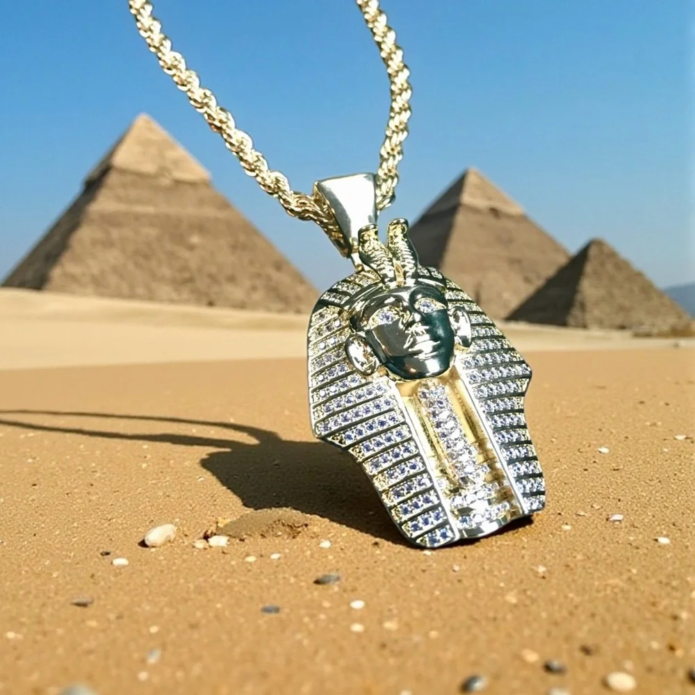 DE ROSSI PHARAOH PENDANT 18K GOLD CHAIN NECKLACE LAB DIAMONDS MADE IN ITALY